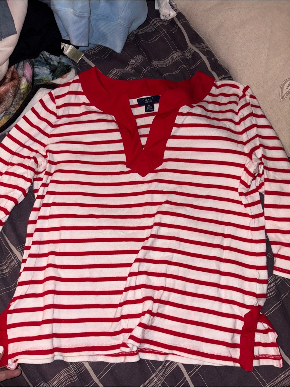 Chaps Red & White Striped Long Sleeve V-Neck Top